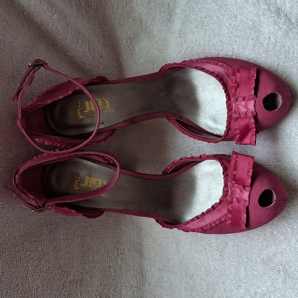 J-Lo Elegant Pink Grosgrain Fabric & Leather Peep-Toe Women's Shoes Bows Sz 8